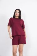 Osy Modal Yumuşak Dokulu Kumaş Bisiklet Yaka T-shirt Kısa Şort İkili Takım - Bordo resmi